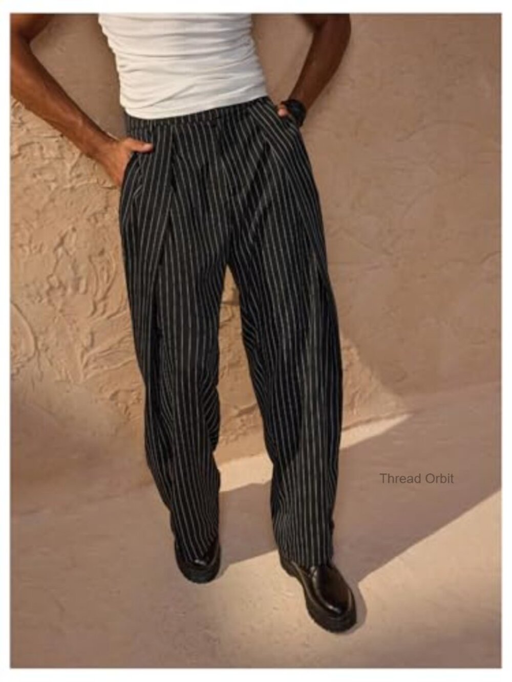 Striped Straight Leg Dress Pants Zipper Fly Slacks Trousers Pockets - Picture 4 of 5